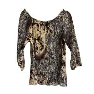 Essentials by Milano Micropleat Crepe 3/4 Sleeve Mixed Print Neutrals Blouse | L